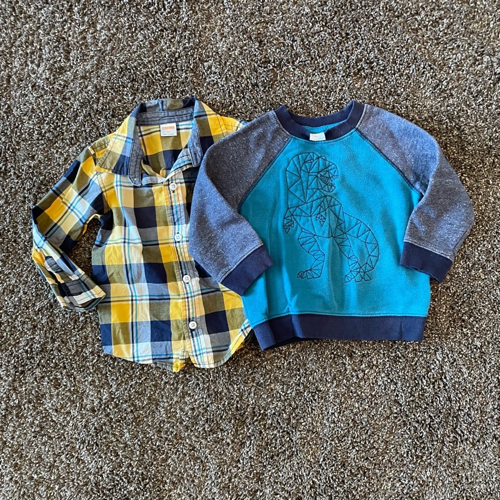 Gymboree Blue Dinosaur Sweatshirt and Yellow Plaid Shirt Set